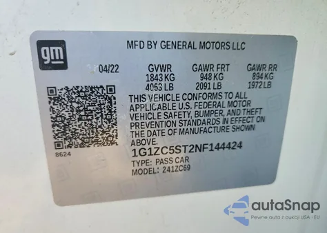 2022 Chevrolet Malibu Ls z USA, uszkodzony, nr VIN 1G1ZC5ST2NF144424